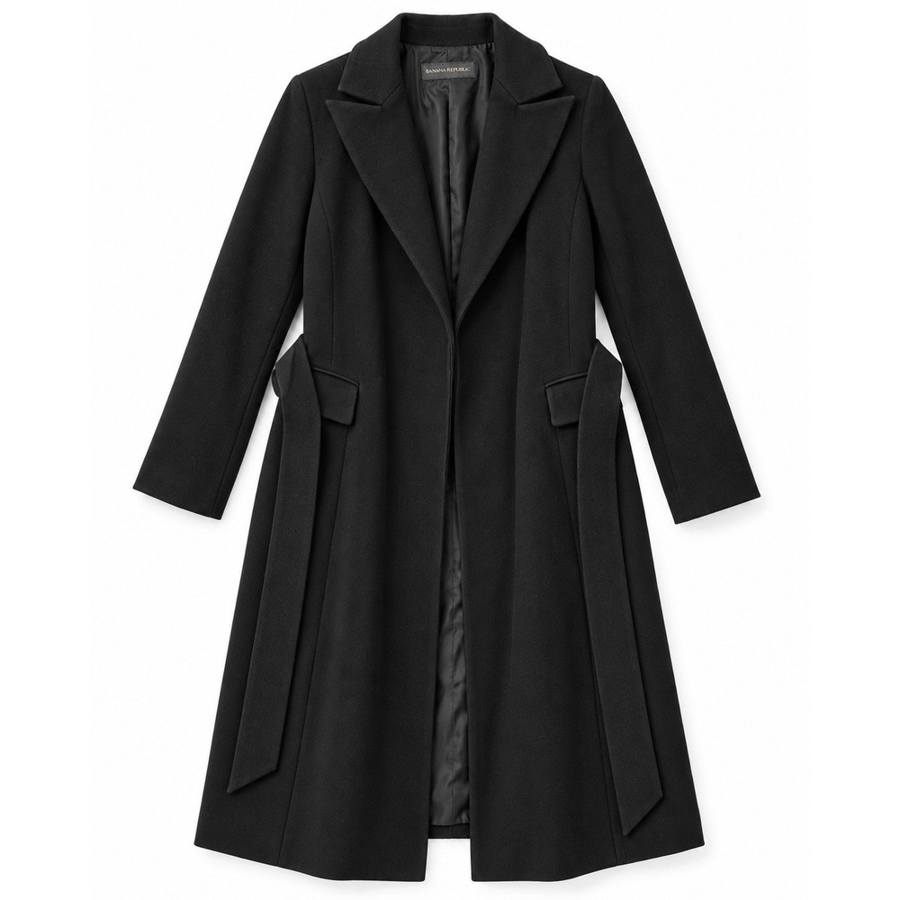 Banana Republic Lambswool Cashmere Coat Womens Black Belted Long Overcoat Small
